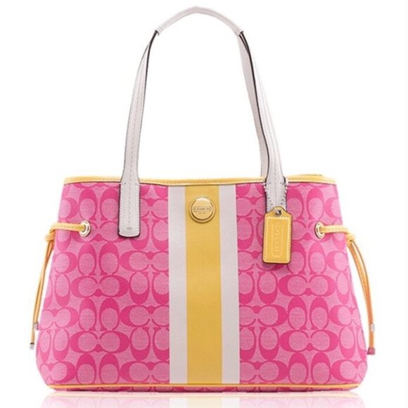 Coach Signature 'C' Legacy Striped Tote Bag Satchell Pink and Yellow - Picture 16 of 16